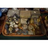 A Tray of Curios to include Policemans Helmet Bell, London Police Badge, Silver Plated Cigarette