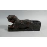 An Interesting Early Chinese Carved Wooden Study of Reclining Lion with Ball in Mouth and Paw on