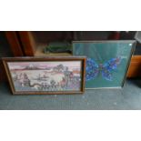 Two Framed Tapestries, Butterfly and Oriental River Scene