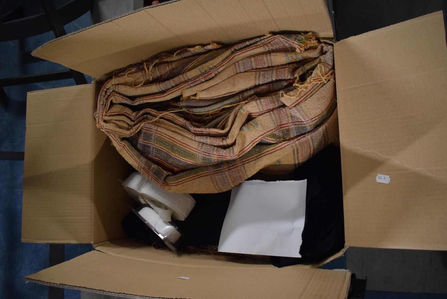 A Box Containing One Pair of Curtains, 84" Wide and 60" Drop (Each) Navy Stripe Material, 60" wide x