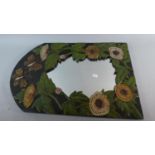 A Carved and Painted Wooden Framed Wall Mirror, Sunflowers and Butterflies 59cms High