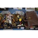 Three Boxes of Sundries to Include Mantel Clocks, Binoculars, Table Globe, Patio Ornaments,