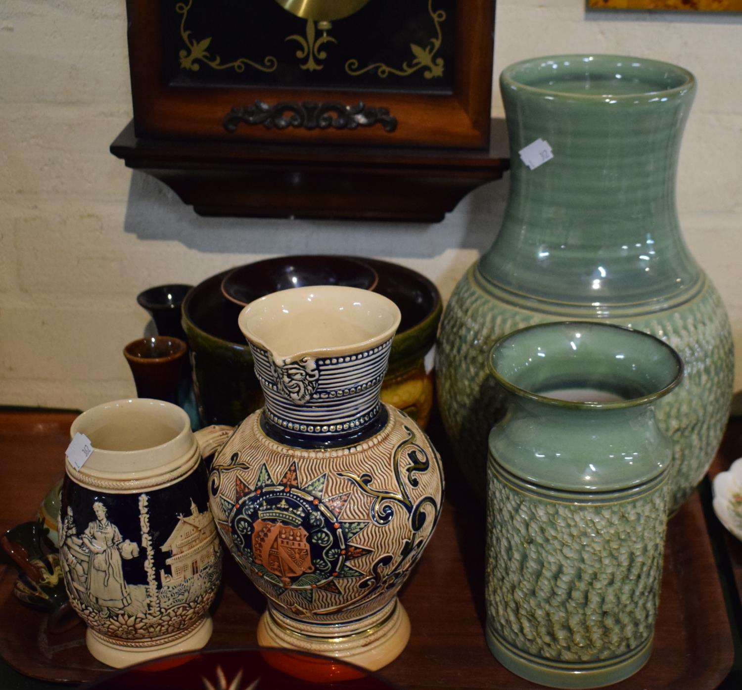 A Tray Containing Various Glazed Mugs, Vases and Bowls etc