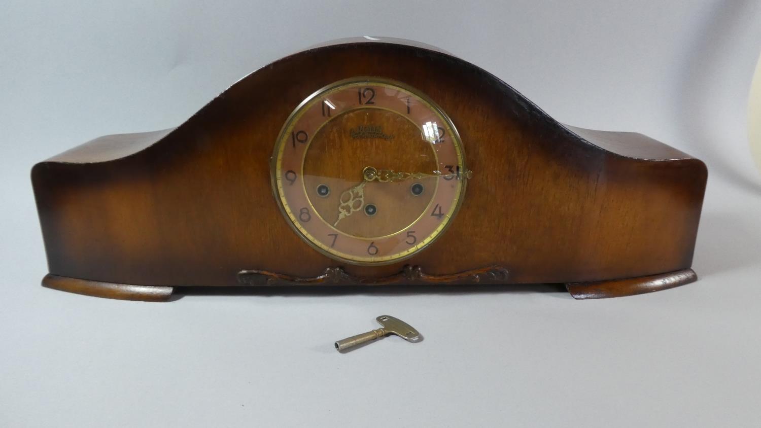 A Walnut Cased Rolls 'Monster' Mantle Clock with Westminster Chime Movement, 65cm Wide