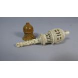 A 19th Century Cantonese Ivory Rattle, 11cm Long Together with a Small Cylindrical Silk Box