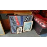 A Framed Collection of Rugby Union Ties Together with Two Prints and a Mirror