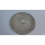 An Indian White Metal Circular Tray with Relief Decoration Depicting Elephant and Temple, 15cm