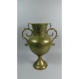 A Large Indian Brass Two Handled Vase with Etched Decoration and Scrolled Handled Decorated with
