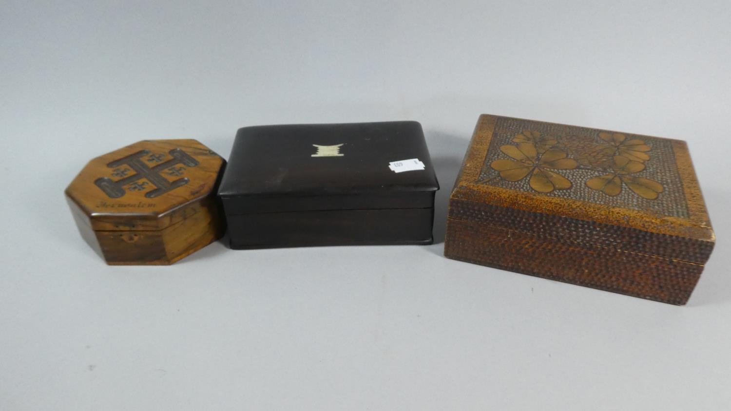 A Collection of Three Boxes to Include Jerusalem Octagonal, Poker Work and Ebony