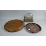 A Circular Wooden Tray, Copper Tray and a Brass Stationery Rack