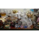 A Tray of Coloured and Plain Glassware to Include Paperweights, Ships Decanter, Brandy Balloons etc