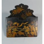 A 19th Century Japanned Papier Mache Wall Pocket Decorated with Battle Scene Decoration, 21cm High x