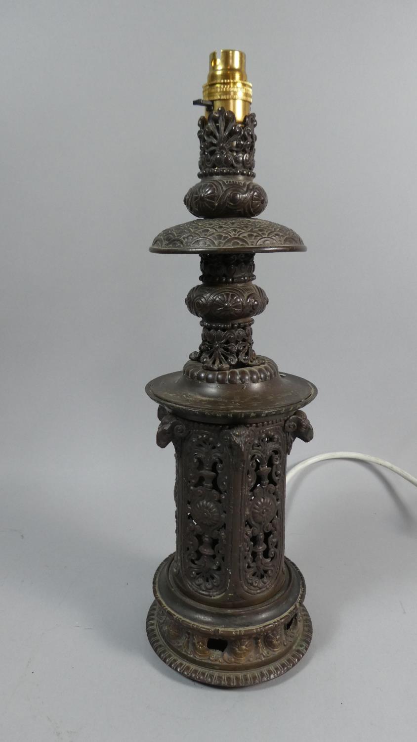 A Late 19th Century Bronze Table Lamp Base, Probably French with Rams Heads Masks to Hexagonal