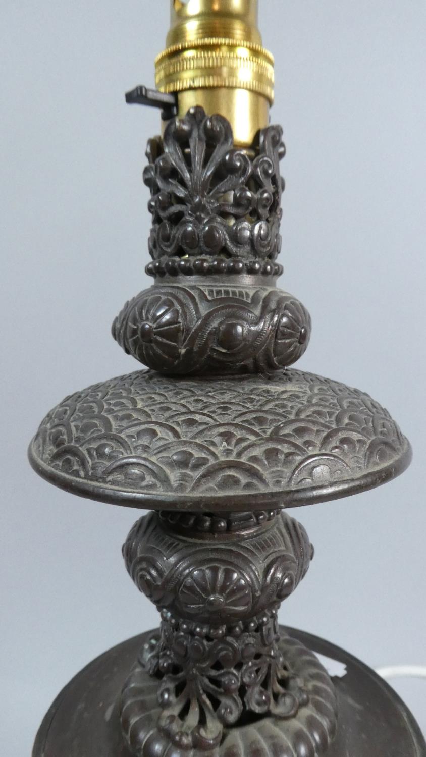 A Late 19th Century Bronze Table Lamp Base, Probably French with Rams Heads Masks to Hexagonal - Image 3 of 3