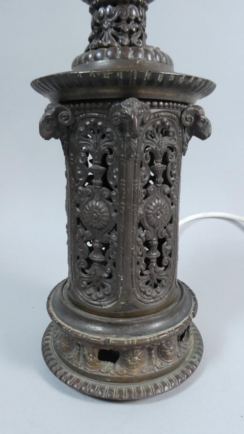 A Late 19th Century Bronze Table Lamp Base, Probably French with Rams Heads Masks to Hexagonal - Image 2 of 3