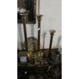 A Tray of Brassware to Include Horse Brass, Candle Sticks, Carriage Clock etc