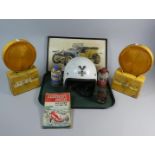 A Tray Containing Helmet, Two Amber Road Warning Lamps, Vintage Car Polishes and a Rolls Royce Print