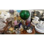 A Tray of Coloured Glassware to Include Various Paperweights, Vases, Jack in the Pulpit etc
