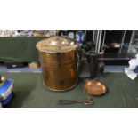 A Copper Cylindrical Coal Bucket and a Fire Tidy