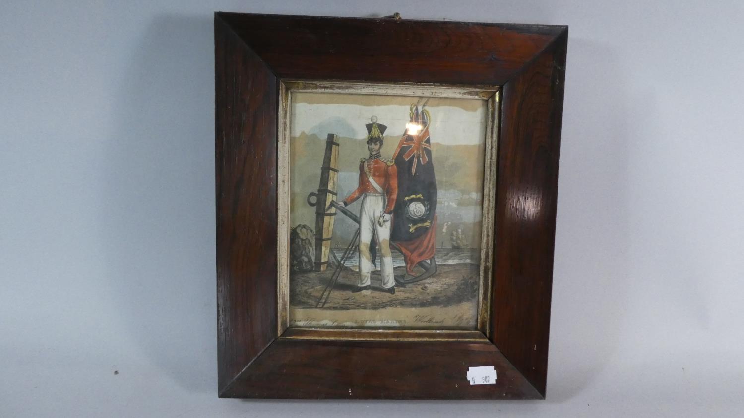 A Mahogany Framed 19th Century Coloured Print of a Royal Marine, Frame 30cm High