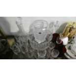 A Tray of Various Coloured and Plain Glassware to Include Decanters, Six Champagnes, Ice Bucket,