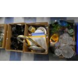 Three Boxes Containing Coloured and Plain Glassware, Ceramics Including Decorated Plates, Wall