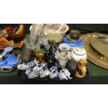A Tray Containing Various Elephant Ornaments, Oak Biscuit Barrel, Indian Tree Ginger Jar etc