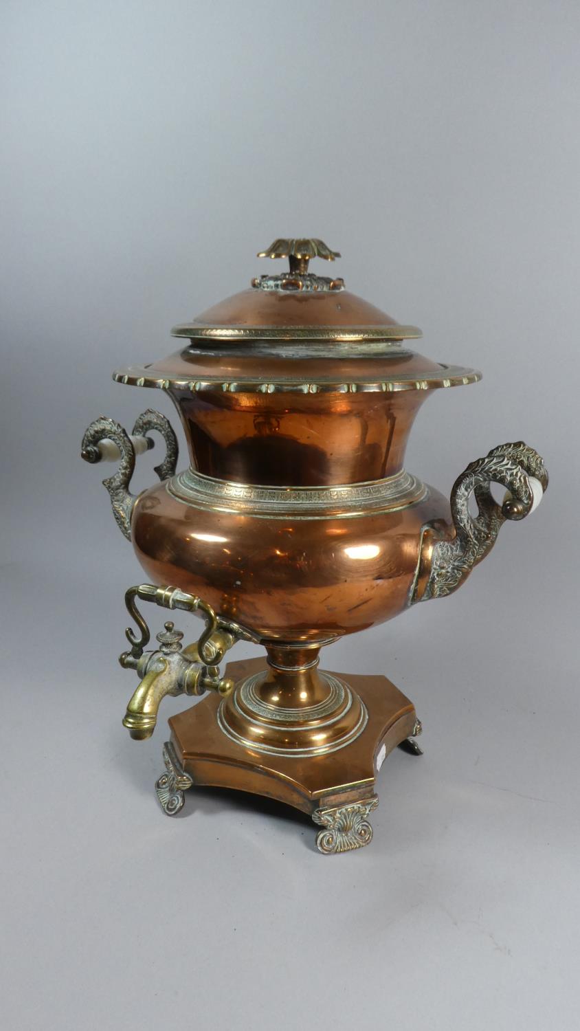 A Late 19th Century Copper Samovar with Brass Tap and Opaque Glass Handles. 44cm High - Image 3 of 3