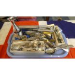 A Tray Containing Various Silver Plated Cutlery, Pistol Grip Handled Carving Knives etc