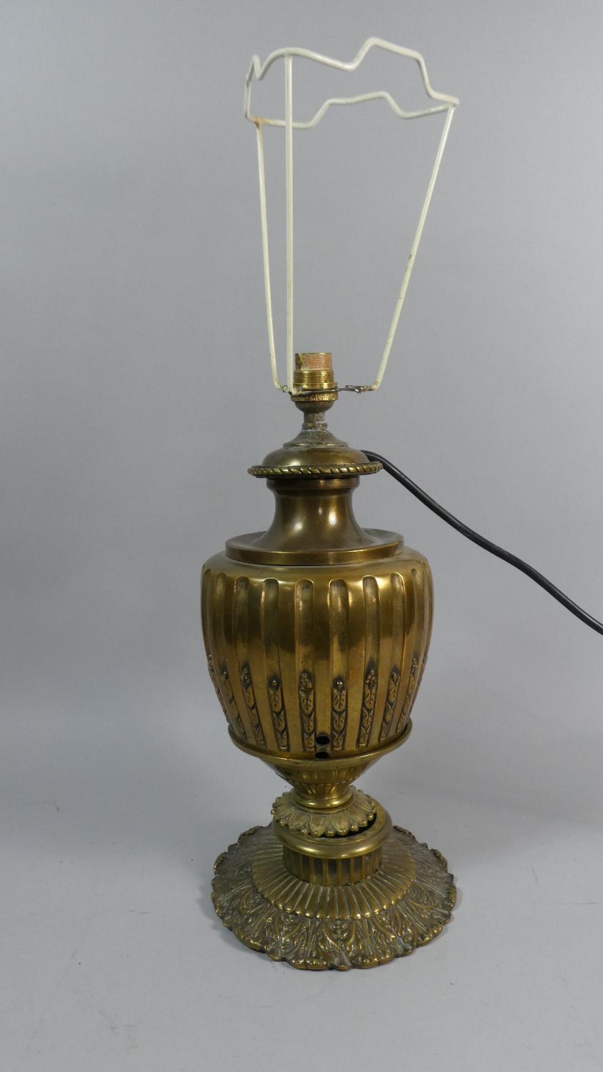 A Ribbed Brass Vase Shaped Table Lamp Base with Replacement Bulb Fitting and Wire, 37cm High