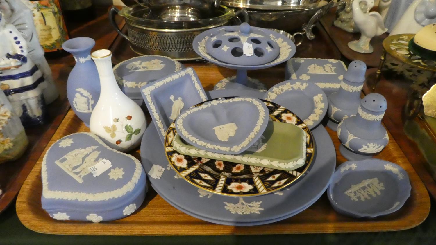 A Tray Containing Various Blue and White Jasperware, Wedgwood Wild Strawberry Vase, Royal Crown