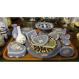 A Tray Containing Various Blue and White Jasperware, Wedgwood Wild Strawberry Vase, Royal Crown