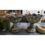 A Pair of Reconstituted Stone Campana Shaped Urns on Stand with Moulded Acanthus Leaf Decoration,