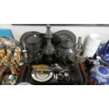 A Tray Containing Various Early Pewter Plates, Pewter Coffee Pot, Two Branch Brass Wall Lamp etc