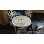 A Heavy Cast Metal White Painted Patio Set Comprising Circular Table, 61cm Diameter and Pair of