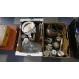Two Boxes of Kitchenwares, Stoneware Pig Money Boxes, Oriental Ginger Jar, Ceramic Ladle Etc