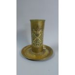 An Arts and Crafts Brass Spill Vase on Circular Stand with Etched Decoration, 16cm High