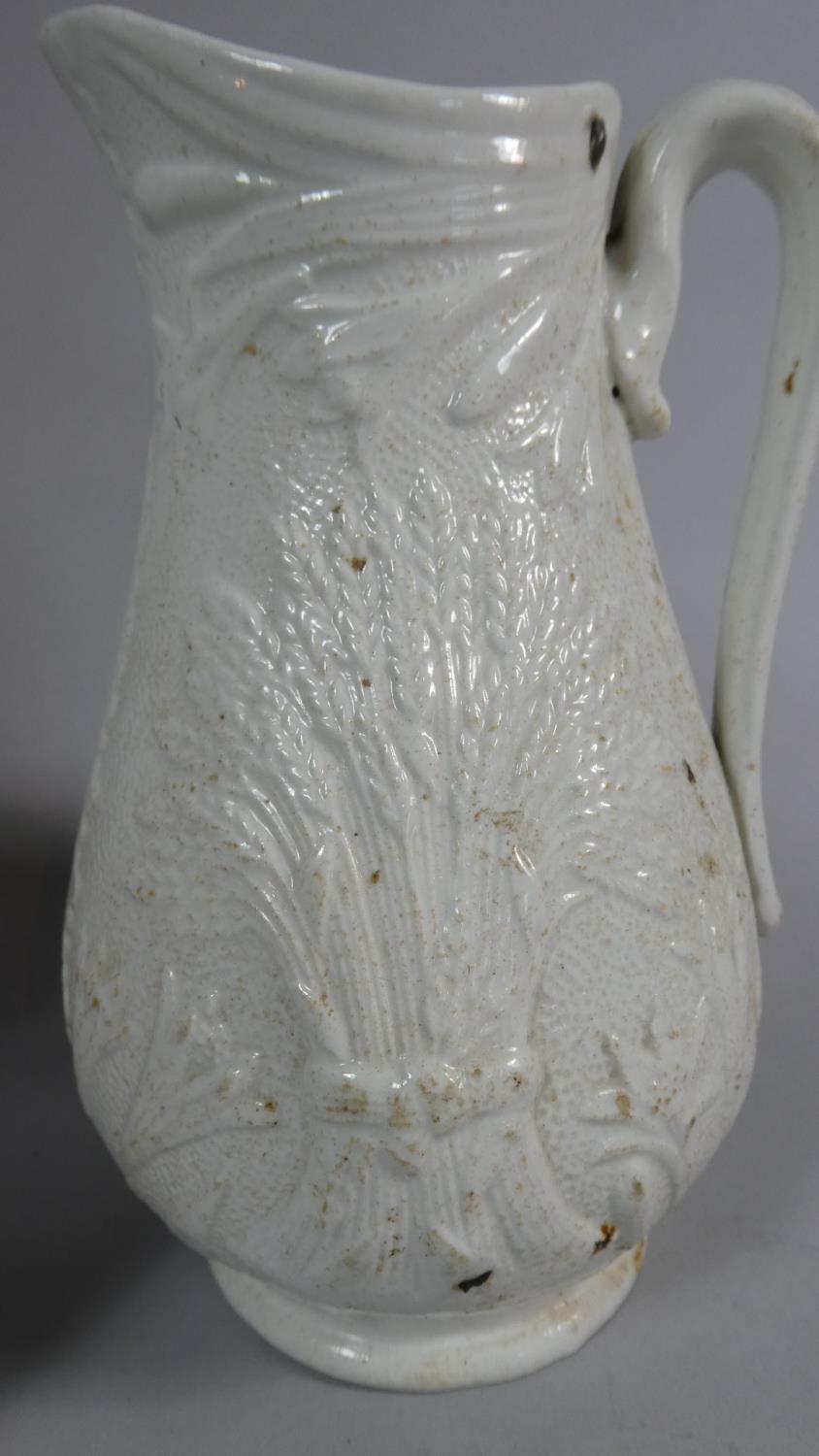 A Stoneware Glazed 'Take Courage' Pub Jug, 15cm High Together with a Moulded Pittcher with Harvest - Image 3 of 5