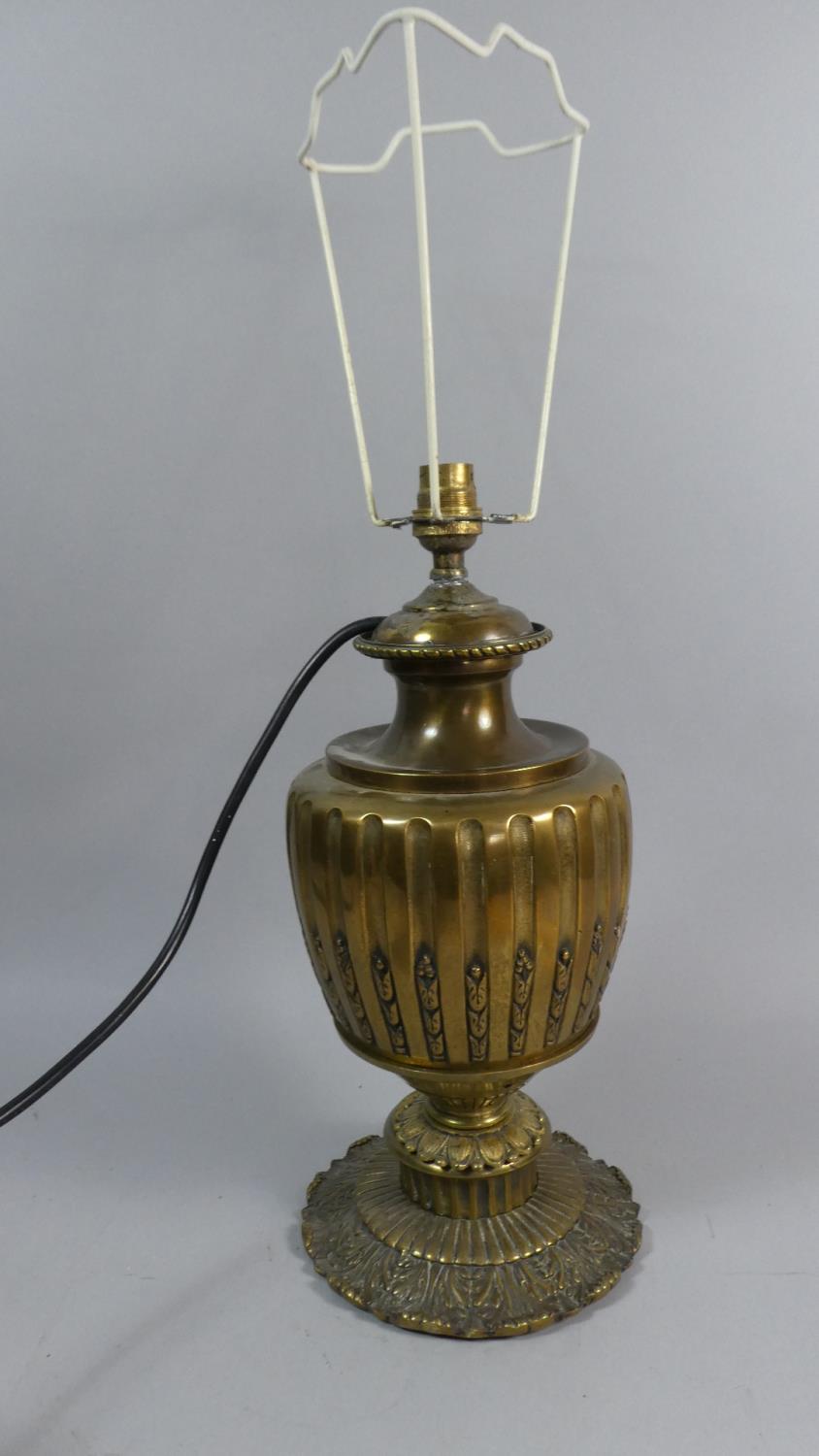 A Ribbed Brass Vase Shaped Table Lamp Base with Replacement Bulb Fitting and Wire, 37cm High - Image 2 of 2