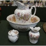An Edwardian Floral Pattern Toilet, Jug and Bowl Set, Jug with Hairline