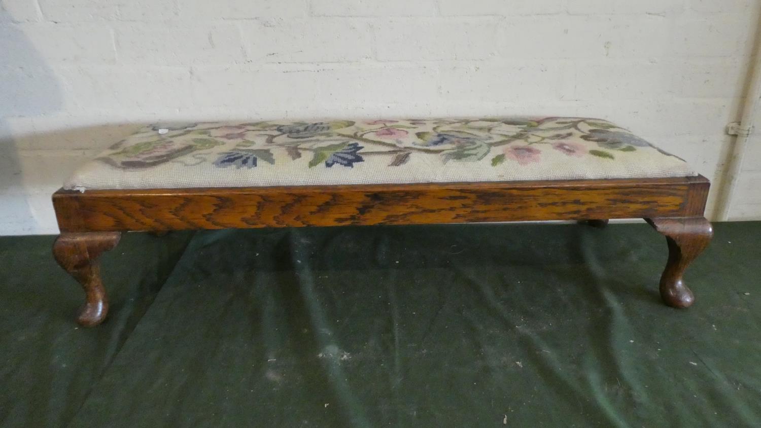 An Edwardian Oak Framed Tapestry Duet Soot Stool with Short Cabriole Legs, 93cm Wide