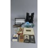 A Tray Containing Vintage Military Cigarette Cars, Binoculars, Playing Cards, Marbles, Pens and