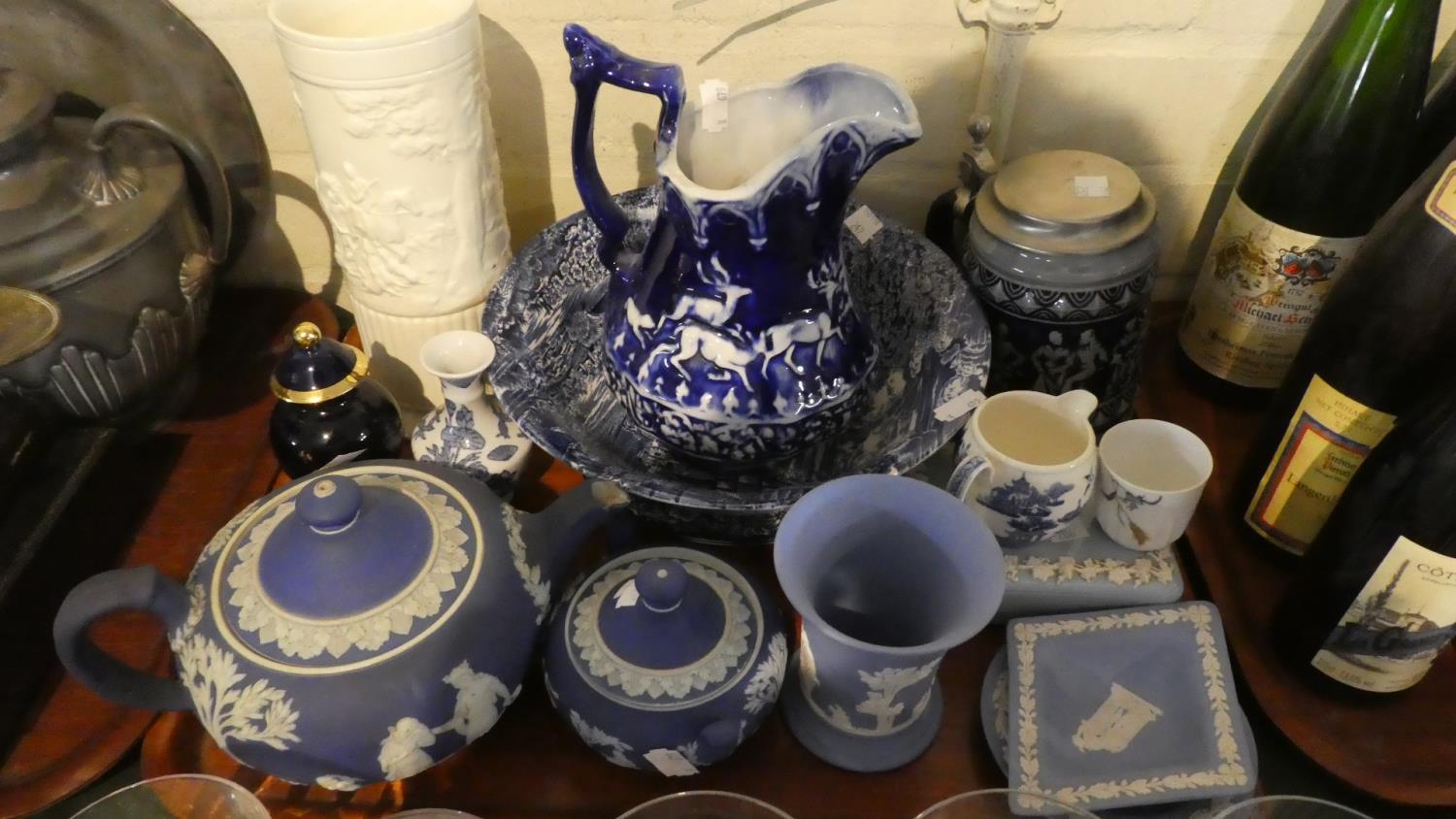 A Tray Containing Various Blue and White Jasperware, Blue and White Jug, Fruit Bowl, Tankard Etc