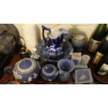 A Tray Containing Various Blue and White Jasperware, Blue and White Jug, Fruit Bowl, Tankard Etc