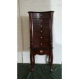 A Reproduction Mahogany Jewellery Chest with Lift Top to Fitted Interior, Five Graduated Drawers,