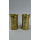 A Pair of Late 19th Century Hand Beaten Brass Spill Vases with Etched Rose Decoration, Each 12.5cm