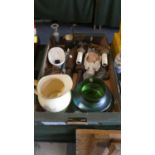 A Tray of Kitchenwares to Include Two Wooden Rolling Pins, Jelly Mould, Glass Bowl, Daisy Bell