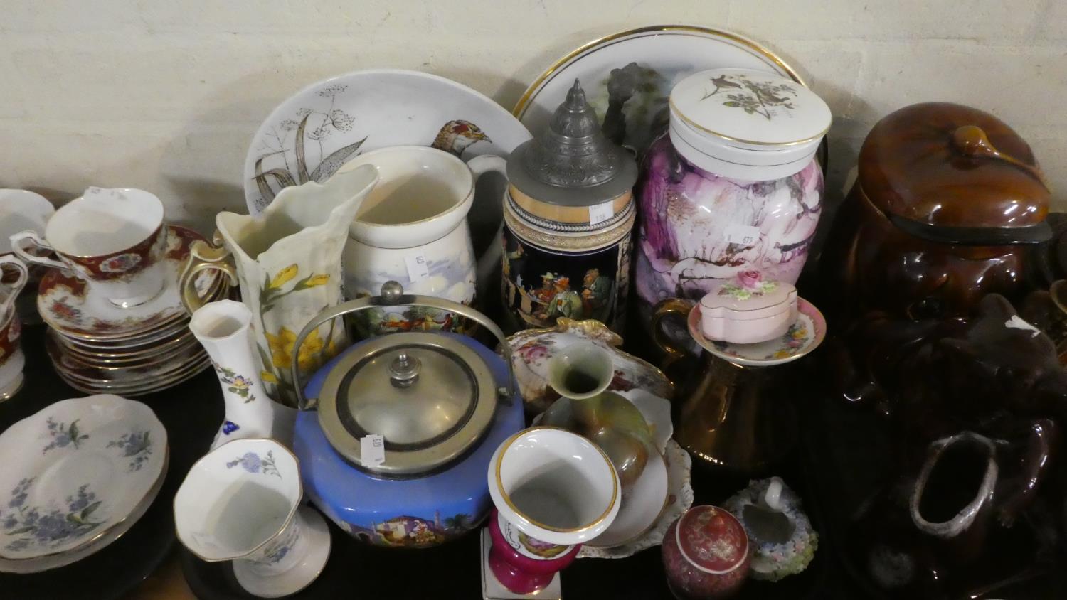 A Tray of Ceramics to Include Continental Lager Stein, Aynsley Cottage Garden, Aynsley Wild Tudor