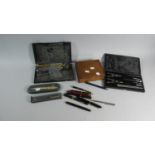 A Wooden Tray Containing Various Vintage Fountain and Ball Point Pens, Drawing Sets etc