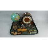 A Tray of Curios to Include Westminster Chime Mantle Clock, Tinplate Table Globe, Two Wooden Fly